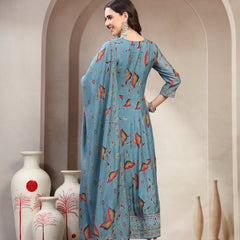 Women Olive Embroidered with printed Round Neck Kurta & Trousers with Dupatta Set