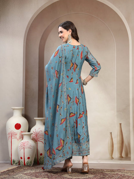Women Olive Embroidered with printed Round Neck Kurta & Trousers with Dupatta Set