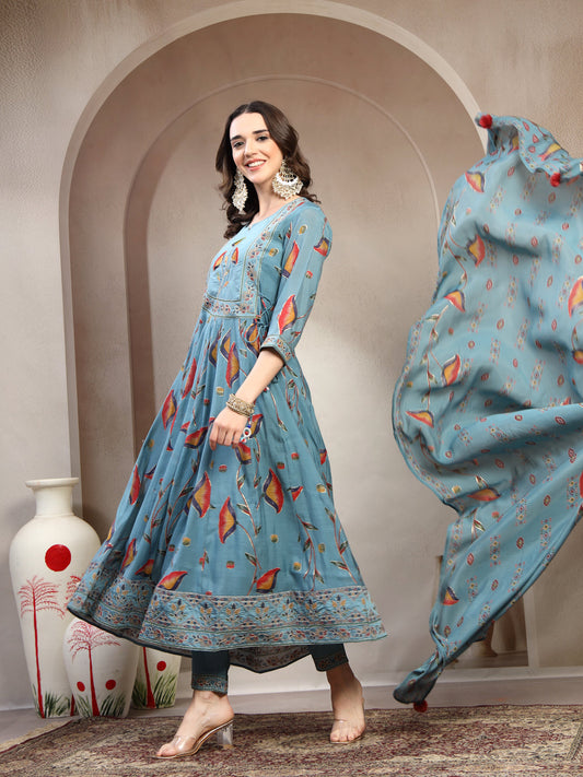 Women Olive Embroidered with printed Round Neck Kurta & Trousers with Dupatta Set