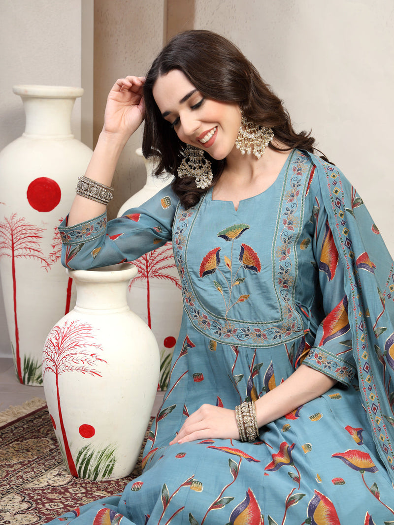 Women Olive Embroidered with printed Round Neck Kurta & Trousers with Dupatta Set