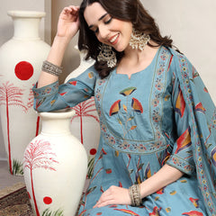 Women Olive Embroidered with printed Round Neck Kurta & Trousers with Dupatta Set