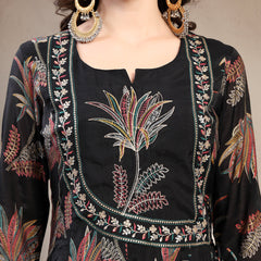 Women Black Embroidered Pure Silk Round Neck Kurta & Trousers With Dupatta