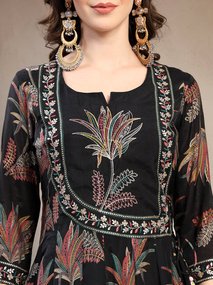 Women Black Embroidered Pure Silk Round Neck Kurta & Trousers With Dupatta