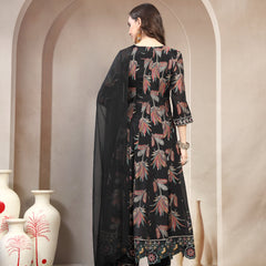 Women Black Embroidered Pure Silk Round Neck Kurta & Trousers With Dupatta