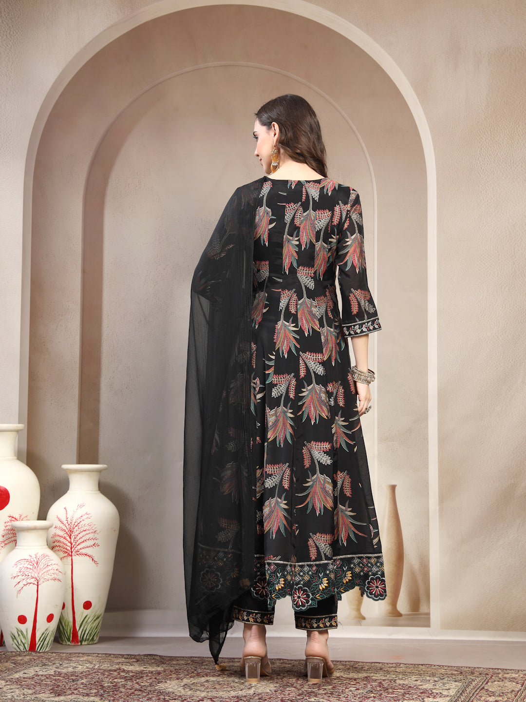 Women Black Embroidered Pure Silk Round Neck Kurta & Trousers With Dupatta