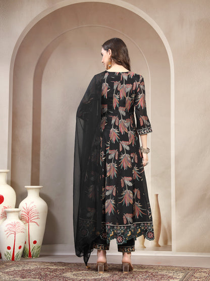 Women Black Embroidered Pure Silk Round Neck Kurta & Trousers With Dupatta