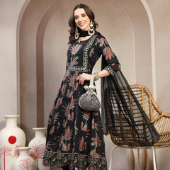 Women Black Embroidered Pure Silk Round Neck Kurta & Trousers With Dupatta