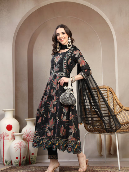 Women Black Embroidered Pure Silk Round Neck Kurta & Trousers With Dupatta