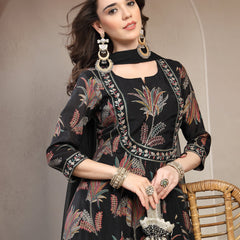 Women Black Embroidered Pure Silk Round Neck Kurta & Trousers With Dupatta