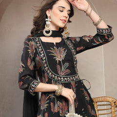 Women Black Embroidered Pure Silk Round Neck Kurta & Trousers With Dupatta
