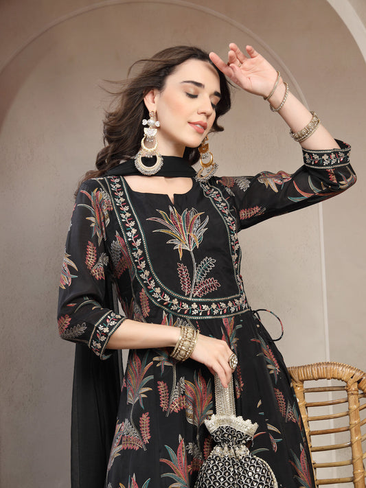 Women Black Embroidered Pure Silk Round Neck Kurta & Trousers With Dupatta