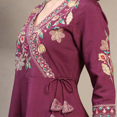 Women Mauve Embroidered V-Neck Kurta & Trousers With Dupatta