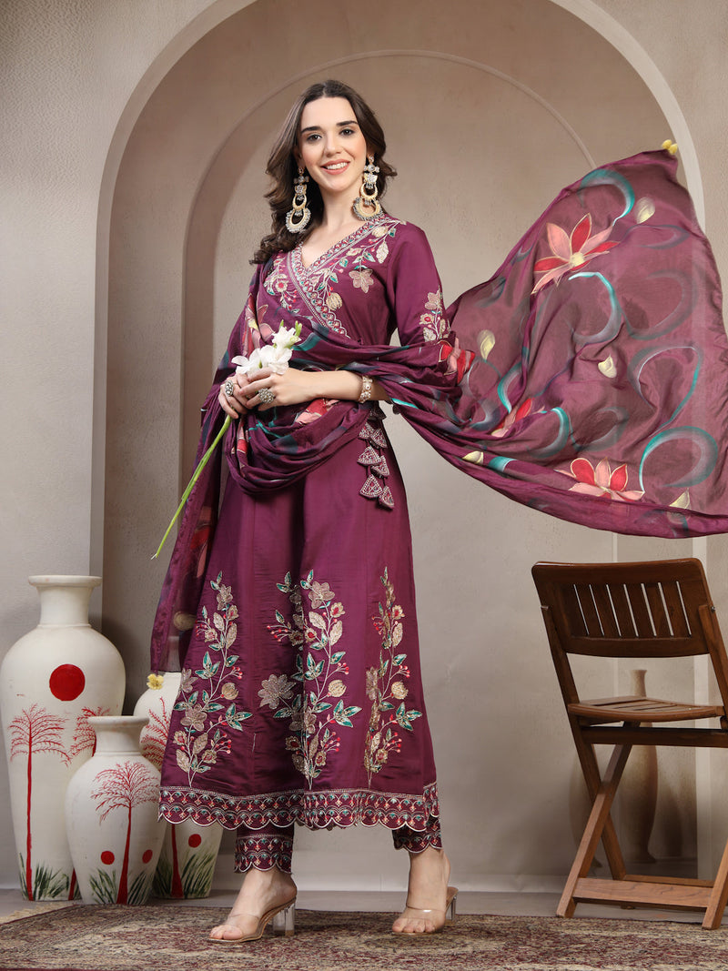 Women Mauve Embroidered V-Neck Kurta & Trousers With Dupatta