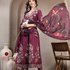 Women Mauve Embroidered V-Neck Kurta & Trousers With Dupatta