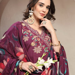 Women Mauve Embroidered V-Neck Kurta & Trousers With Dupatta