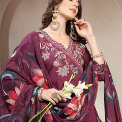 Women Mauve Embroidered V-Neck Kurta & Trousers With Dupatta