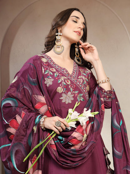 Women Mauve Embroidered V-Neck Kurta & Trousers With Dupatta