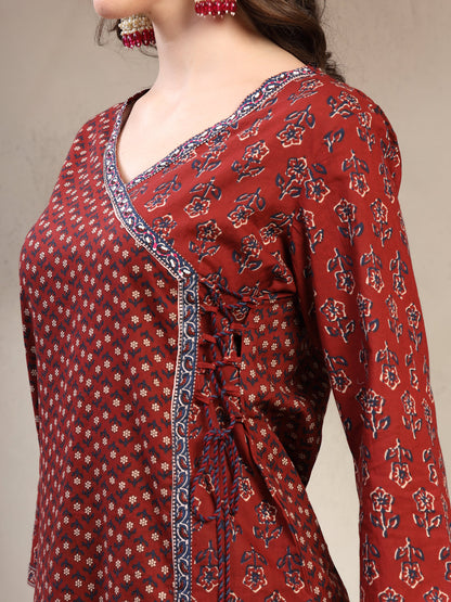 Women Maroon Floral Printed Pure Cotton V-Neck Kurta & Palazzos With Dupatta