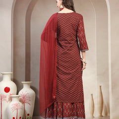 Women Maroon Floral Printed Pure Cotton V-Neck Kurta & Palazzos With Dupatta