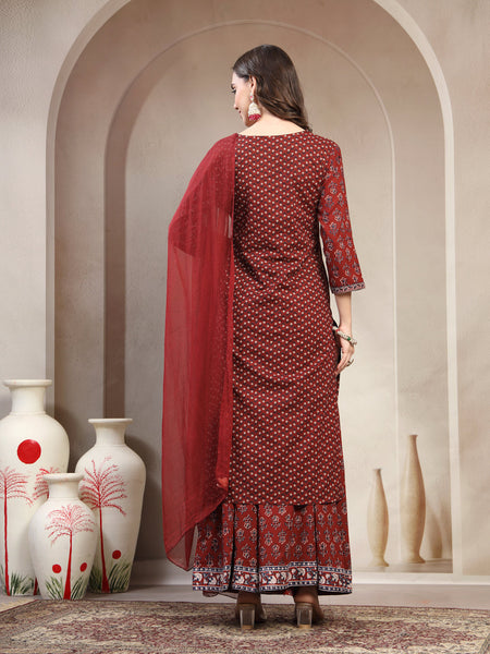 Women Maroon Floral Printed Pure Cotton V-Neck Kurta & Palazzos With Dupatta