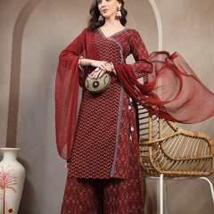 Women Maroon Floral Printed Pure Cotton V-Neck Kurta & Palazzos With Dupatta