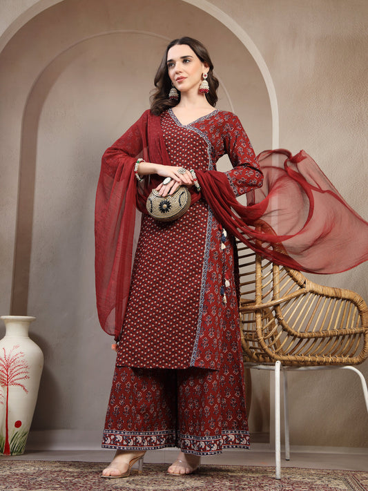Women Maroon Floral Printed Pure Cotton V-Neck Kurta & Palazzos With Dupatta