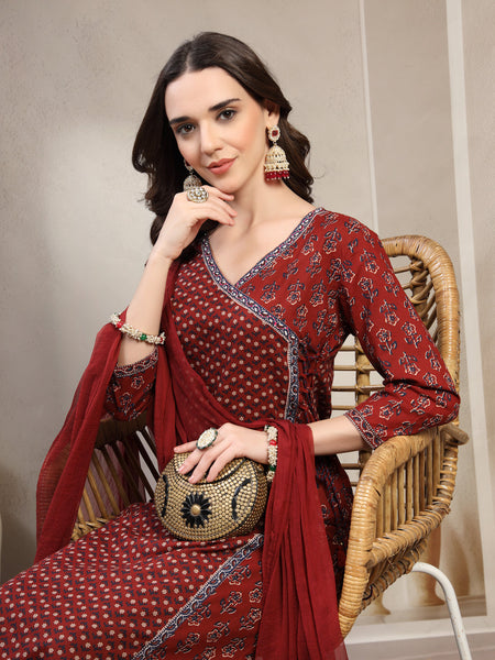 Women Maroon Floral Printed Pure Cotton V-Neck Kurta & Palazzos With Dupatta