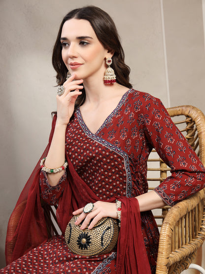 Women Maroon Floral Printed Pure Cotton V-Neck Kurta & Palazzos With Dupatta