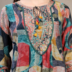 Women Multi Color Embroidered V-Neck Kurta & Trousers With Dupatta