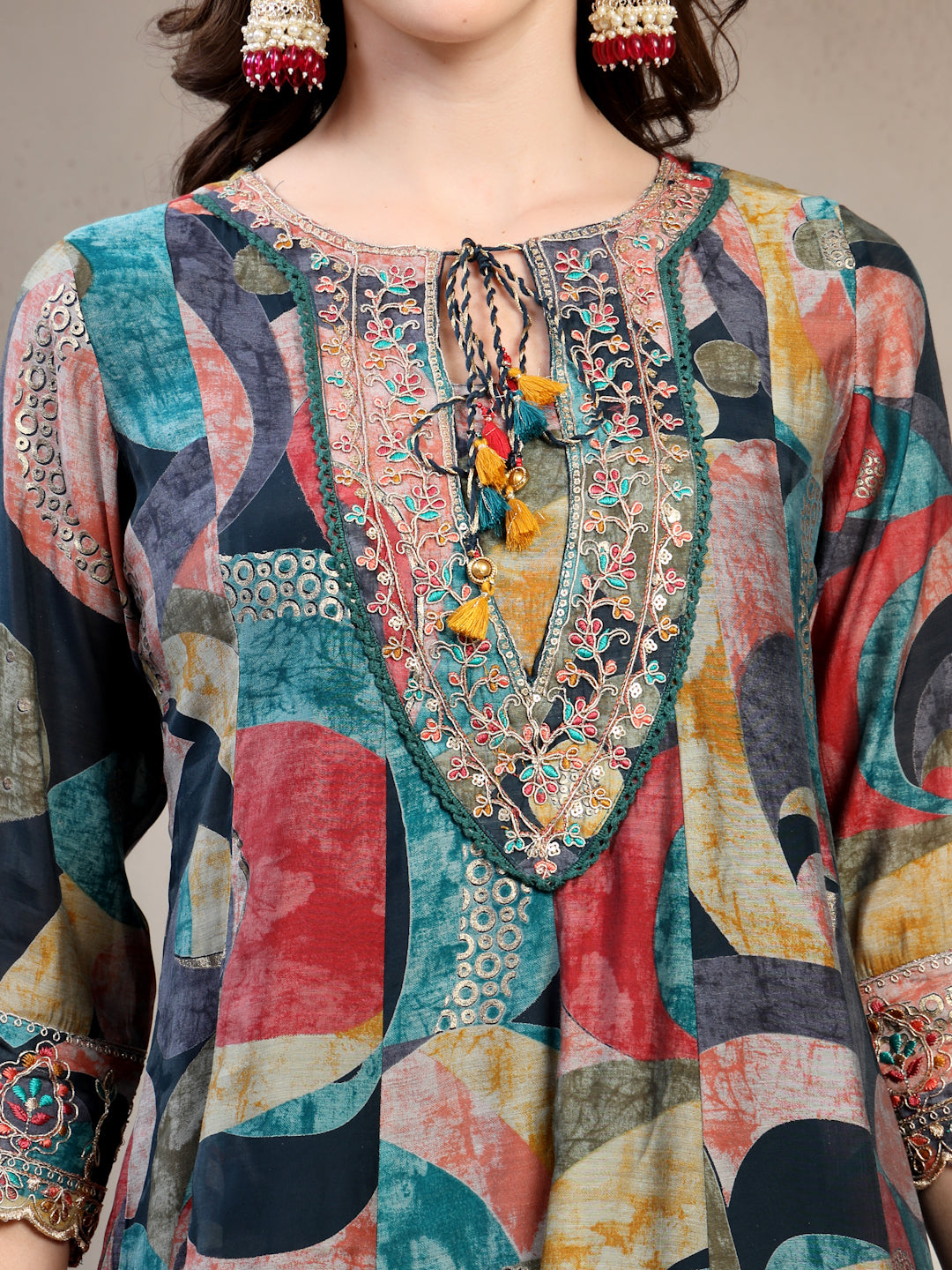 Women Multi Color Embroidered V-Neck Kurta & Trousers With Dupatta