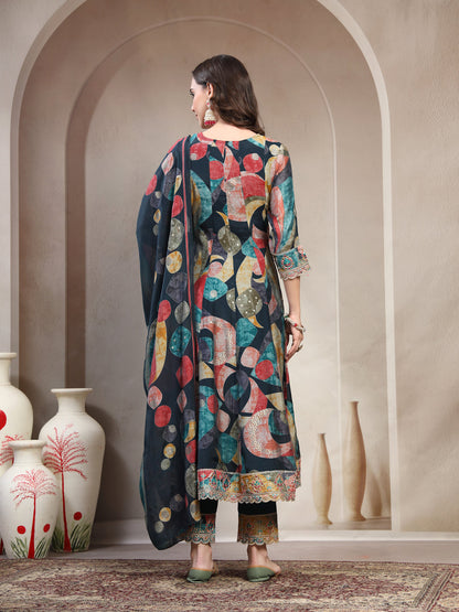 Women Multi Color Embroidered V-Neck Kurta & Trousers With Dupatta