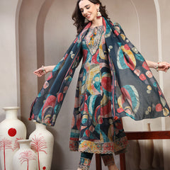 Women Multi Color Embroidered V-Neck Kurta & Trousers With Dupatta