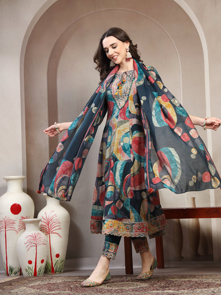 Women Multi Color Embroidered V-Neck Kurta & Trousers With Dupatta