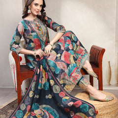 Women Multi Color Embroidered V-Neck Kurta & Trousers With Dupatta