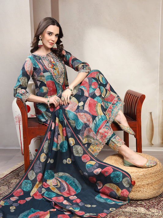 Women Multi Color Embroidered V-Neck Kurta & Trousers With Dupatta