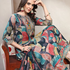 Women Multi Color Embroidered V-Neck Kurta & Trousers With Dupatta