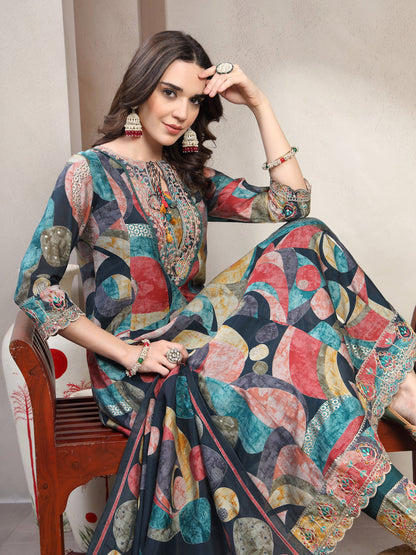 Women Multi Color Embroidered V-Neck Kurta & Trousers With Dupatta