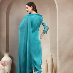 Women Green Printed V-Neck Kurta & Trousers With Dupatta