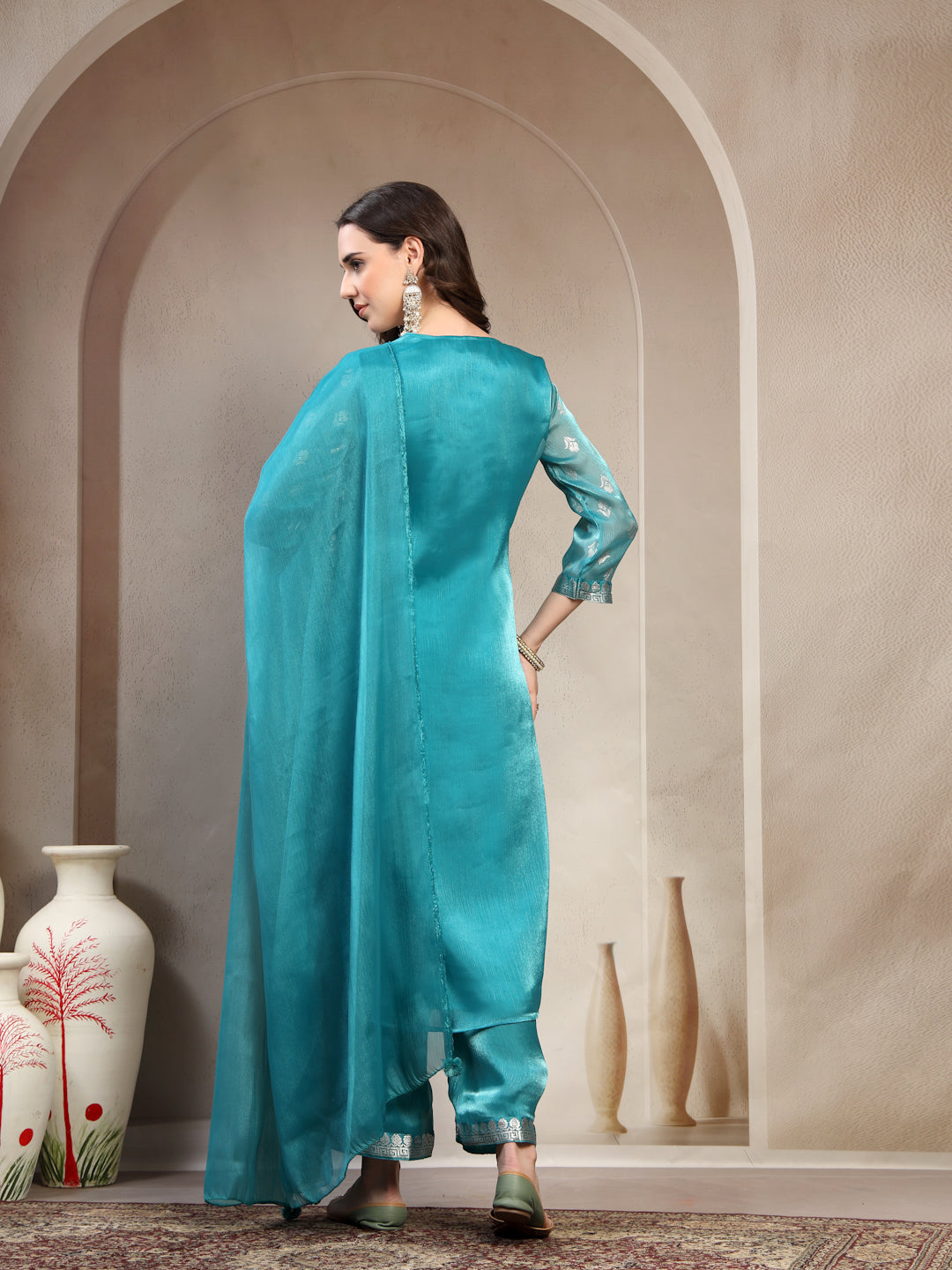 Women Green Printed V-Neck Kurta & Trousers With Dupatta