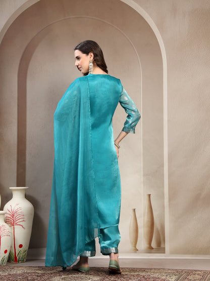 Women Green Printed V-Neck Kurta & Trousers With Dupatta