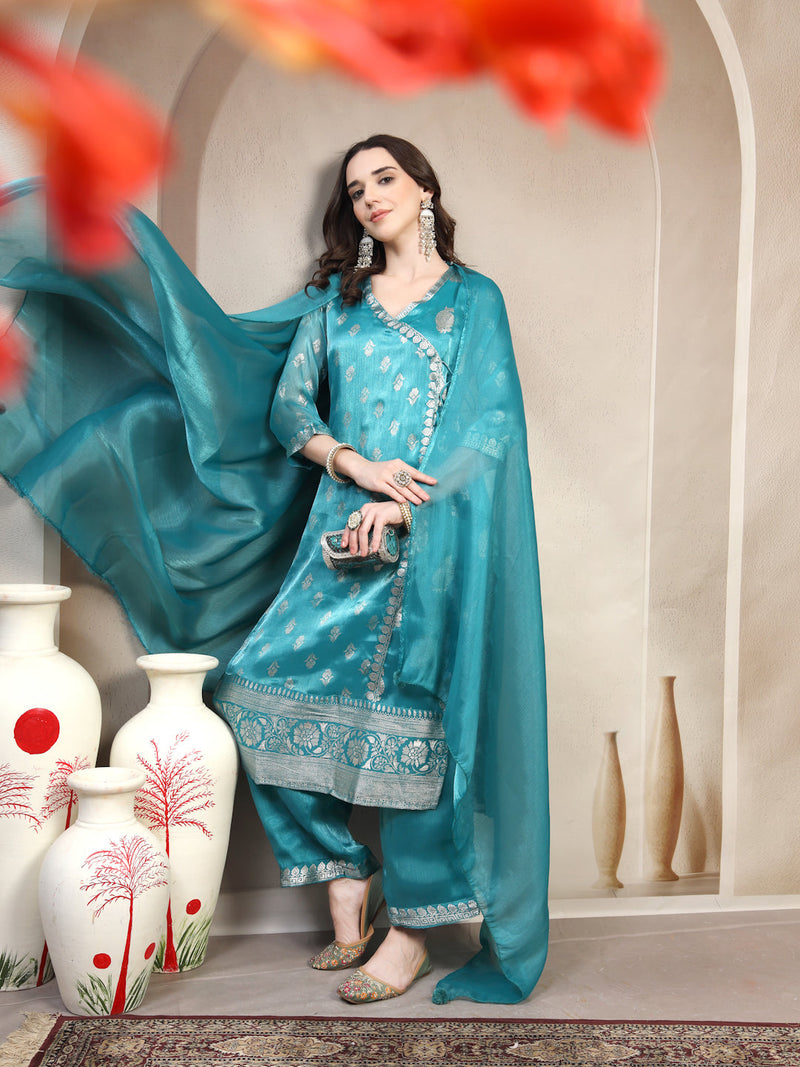 Women Green Printed V-Neck Kurta & Trousers With Dupatta