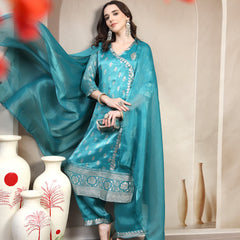 Women Green Printed V-Neck Kurta & Trousers With Dupatta