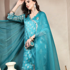 Women Green Printed V-Neck Kurta & Trousers With Dupatta