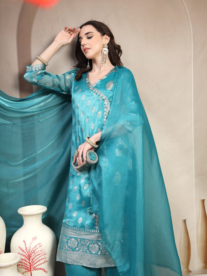 Women Green Printed V-Neck Kurta & Trousers With Dupatta
