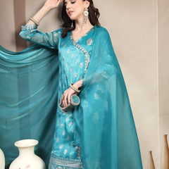 Women Green Printed V-Neck Kurta & Trousers With Dupatta