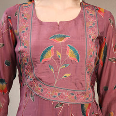 Women Mauve Embroidered Round Neck Kurta & Trousers With Dupatta