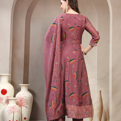 Women Mauve Embroidered Round Neck Kurta & Trousers With Dupatta