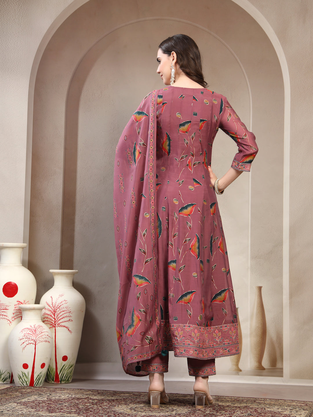 Women Mauve Embroidered Round Neck Kurta & Trousers With Dupatta