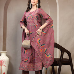 Women Mauve Embroidered Round Neck Kurta & Trousers With Dupatta