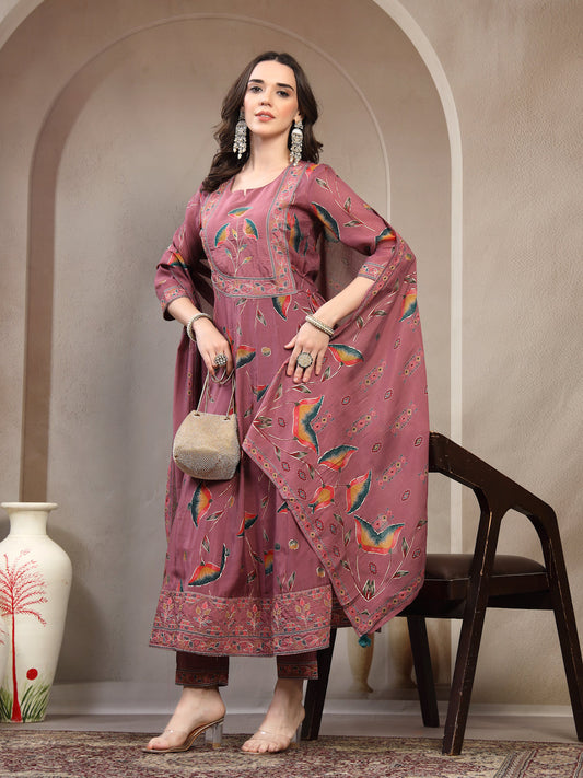 Women Mauve Embroidered Round Neck Kurta & Trousers With Dupatta